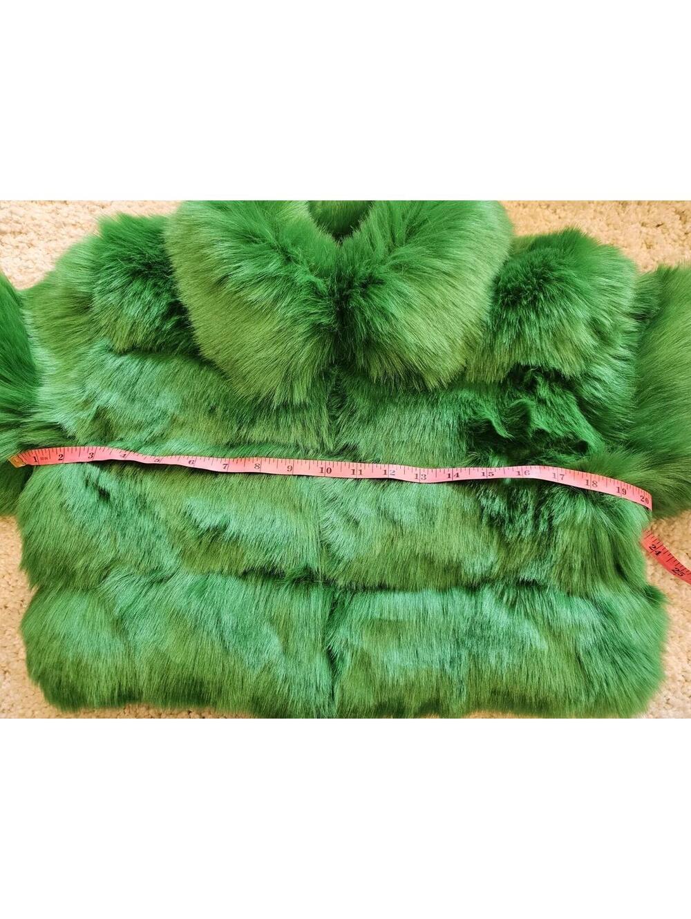 NWOT FAUX Fur Jacket Splicing Short Lapel Collar Long-sleeved Jacket GREEN 💚 - Picture 5 of 6